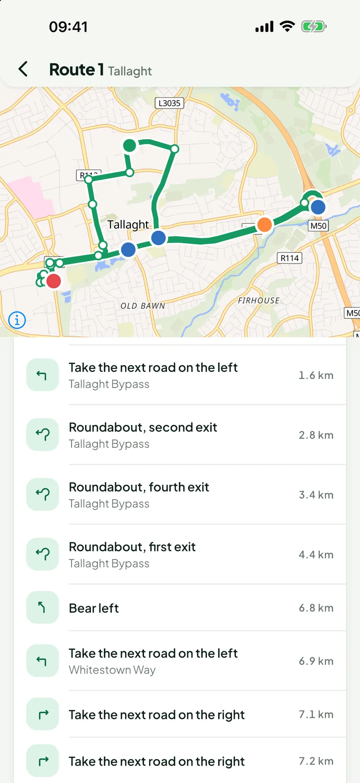 A route in the app: the map, and below it the written list of directions.