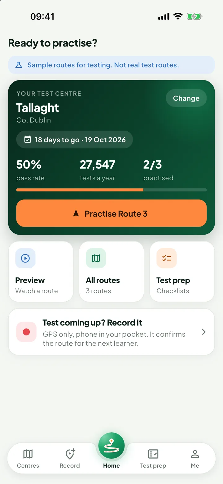 The home screen: test centre Tallaght, 18 days to go, 2 of 3 routes practised.