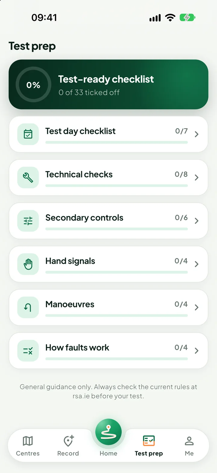 The Test prep tab with six checklists, such as Technical checks and Hand signals.