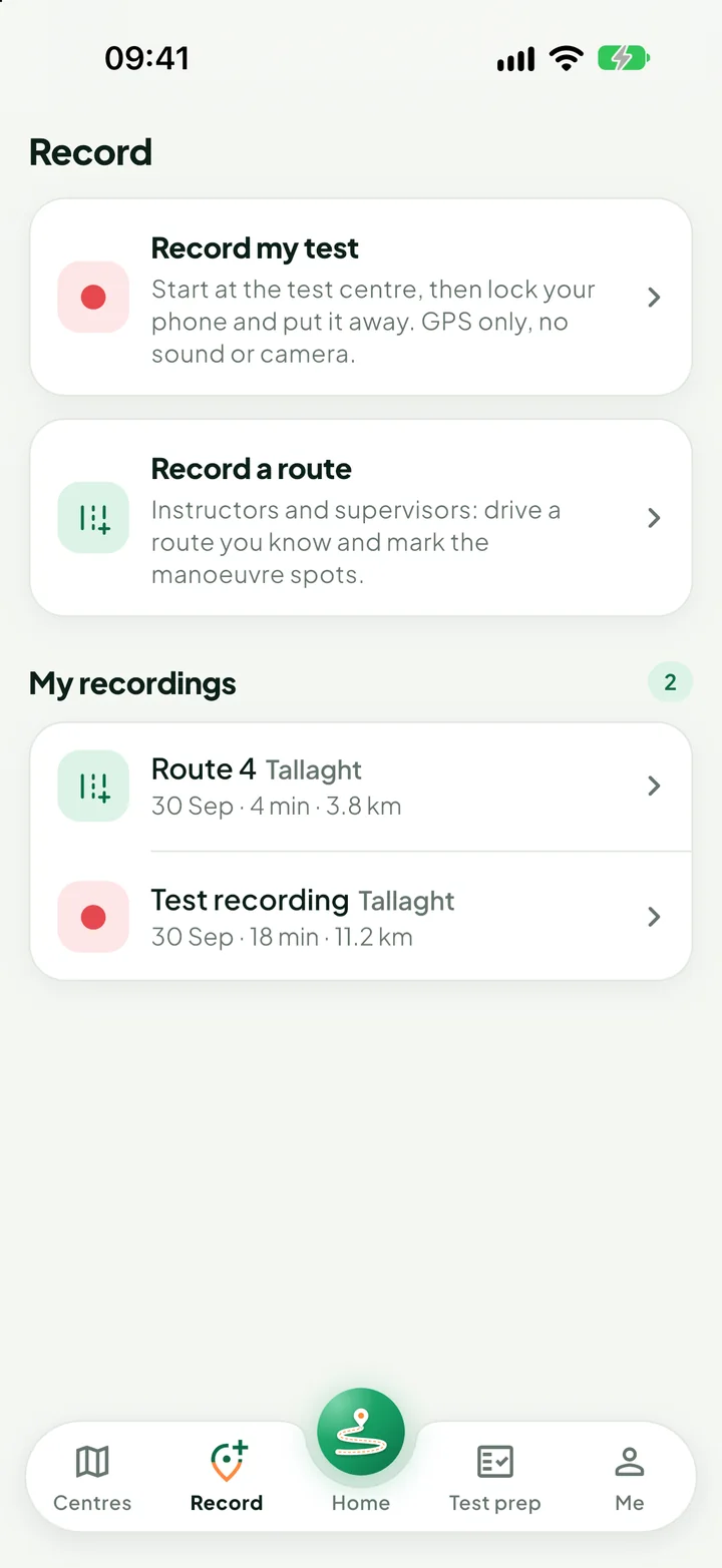 The Record tab with two choices: Record my test and Record a route.